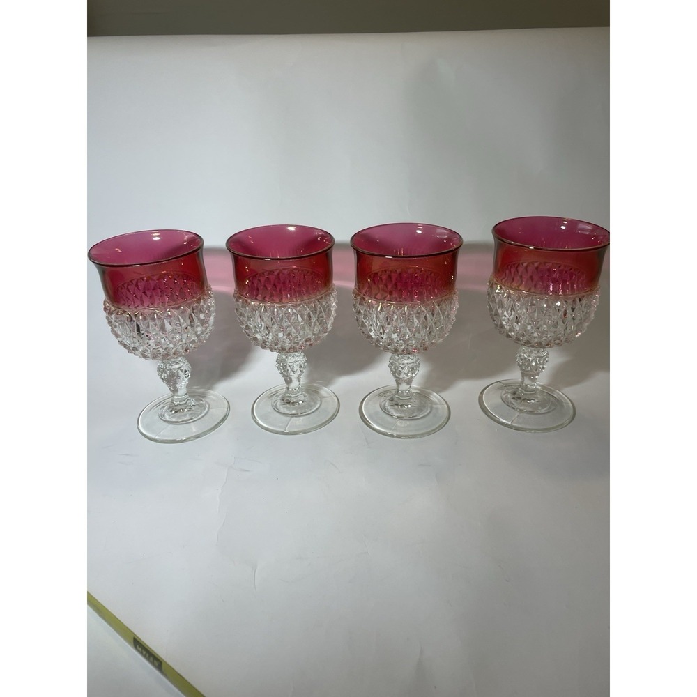 Vtg Indiana Glass Ruby Flashed Diamond Point Wine Water Goblets Set Of 4